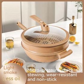 Pottery Clay Micro Pressure Titanium Wok Frying Non-stick Pan Household Coating (Option: Caramel Aluminum-32cm Diameter three piece set)